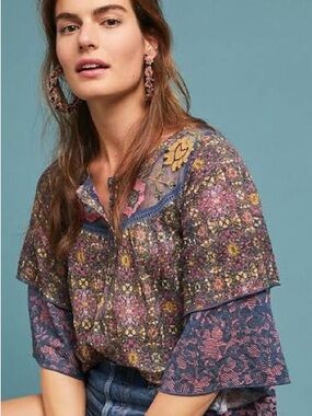 Anthropologie Multi-Color Embroidered Floral Tunic